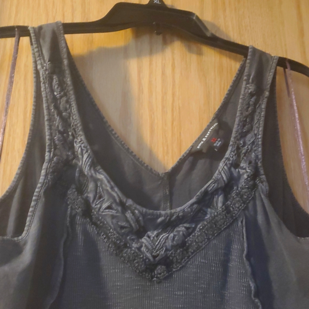Charcoal Grey Bi Texture Sleeveless Top with Mock Lace Detail - Picture 2 of 5